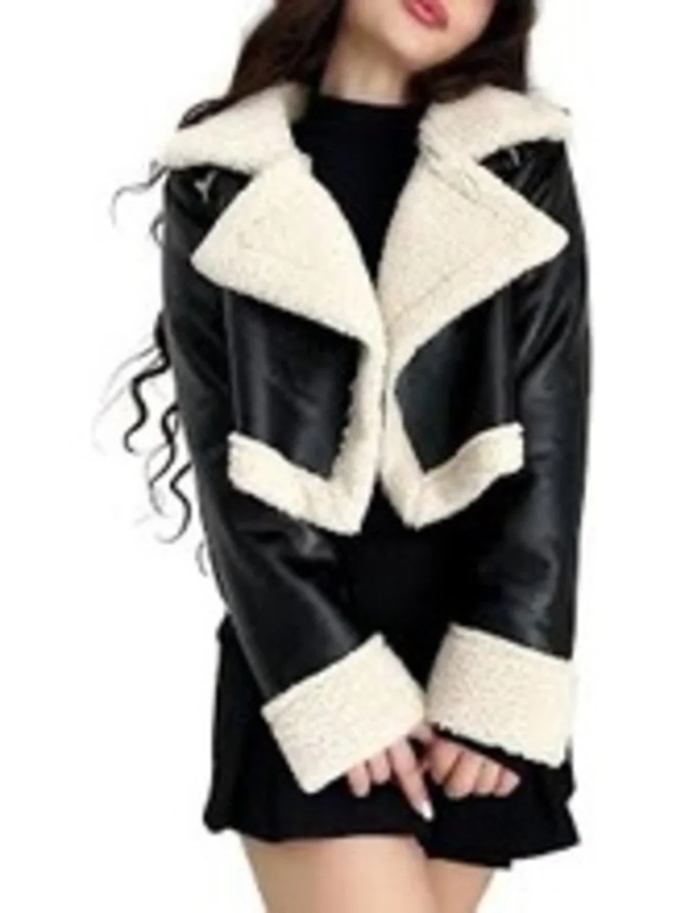 Cropped Black Faux Leather Jacket with Cream Sherpa Lining and Trim